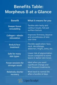 How Often Can I have Morpheus 8? 3 Table showing the benefits of Morpheus 8 treatment from Lipo Sculpt Stoulton